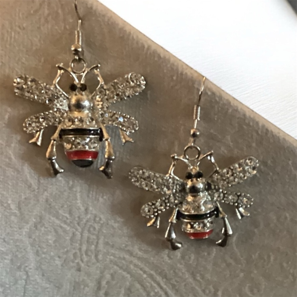 Crystal Bee Drop Earrings in Silver with Red Accent